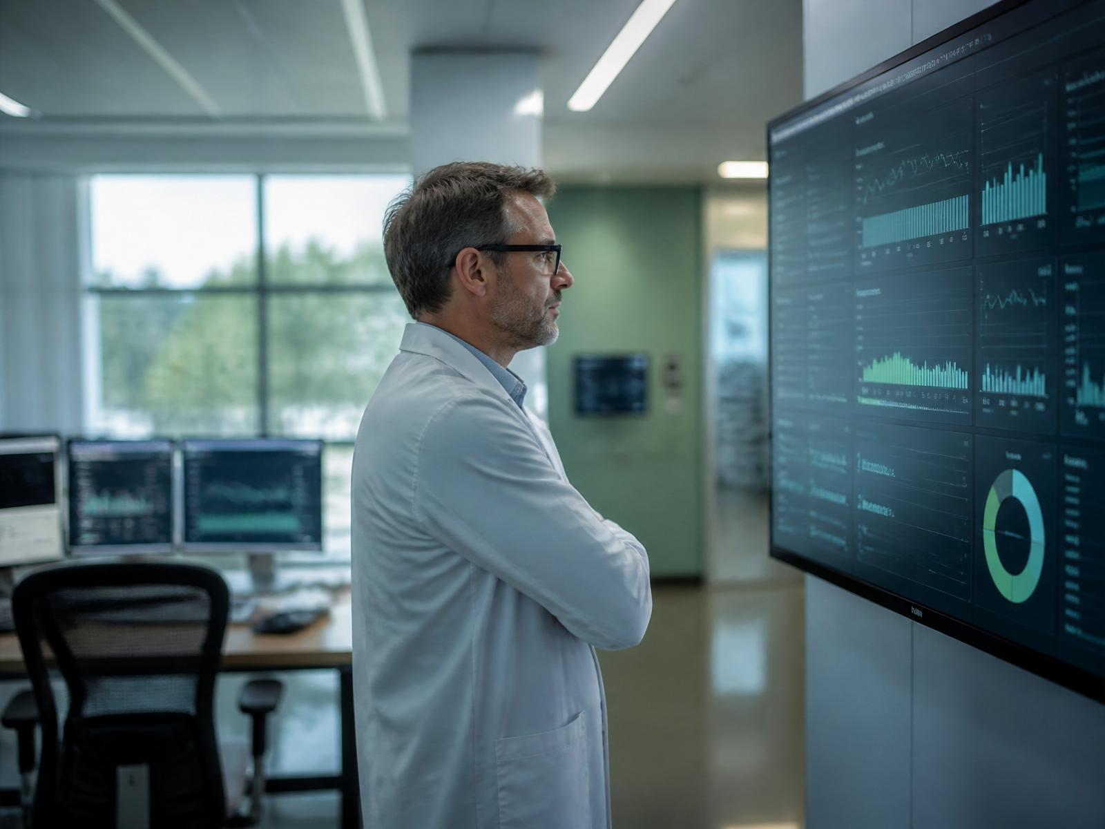 Klinische Fachkraft prüft ein Readiness-Dashboard im Krankenhaus-IT-Betrieb.